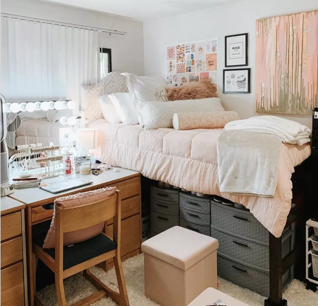 a-decorated-dorm-room-with-storage-basket-bins-desk-and-chair