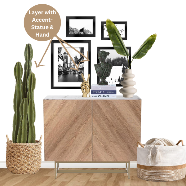 Tricks To Style A Credenza-by-adding-accent-pieces-greek-statue-and-peace-hand-stuatue-peruvian-cacutus-and-woven-basket