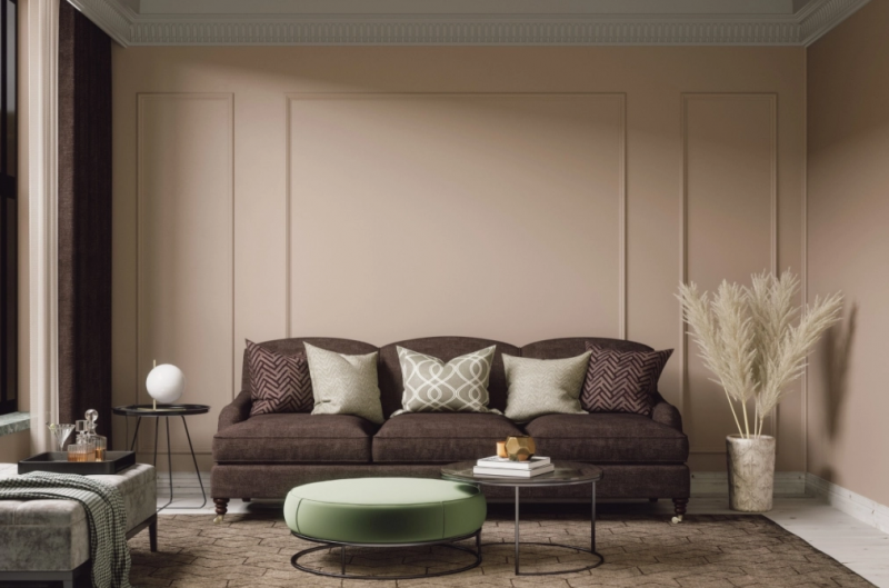 Contemporary-living-room-with-dominant-wall-color-brown