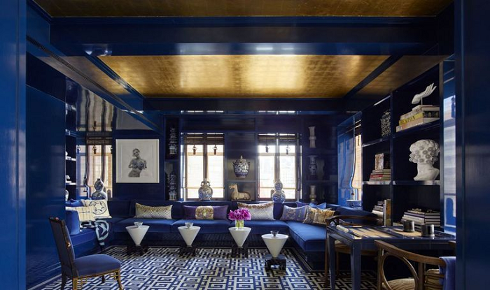 an-all-blue-modern-living-room-with-gold-accent-ceiling-as-a-decorating-fabrics-idea-for-luxury