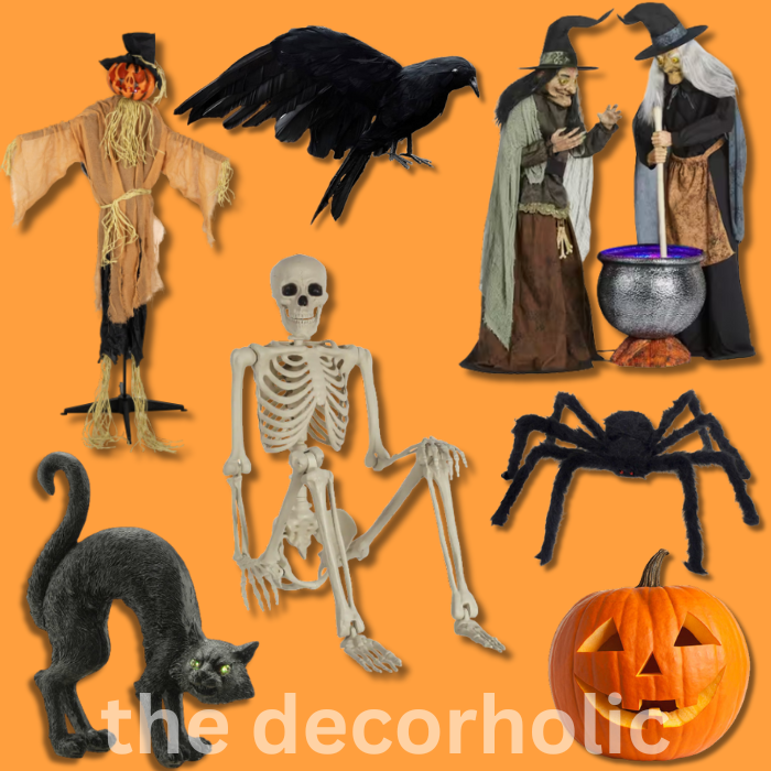 Porch-Halloween-essential-decorations-cat-skeleton-crow-witches-cat-pumpkins