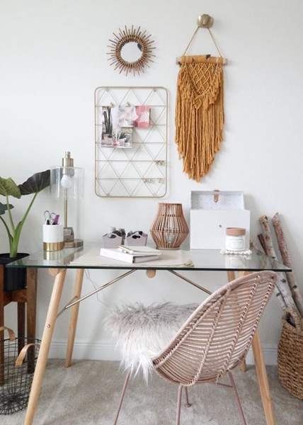 Bohemian-style-desk-with-rattan-chair-and-glass-desk