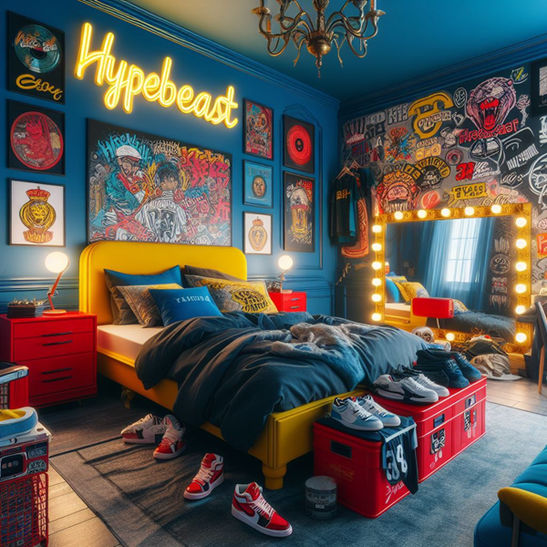 a-maximalist-hypebeast-bedroom-with-blue-walls
