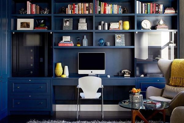 Custom built-in library wall-bold-colorful-navy-blue-home-office