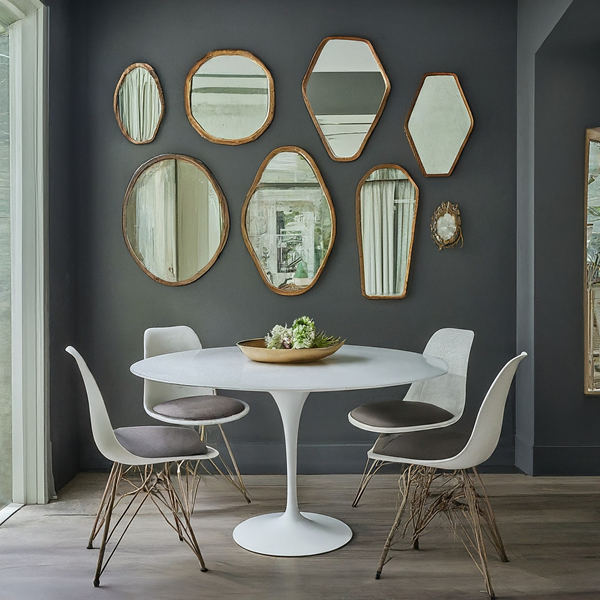 mirrored-dining-room-gallery-wall-with-curved-tulip-table-and-chairs