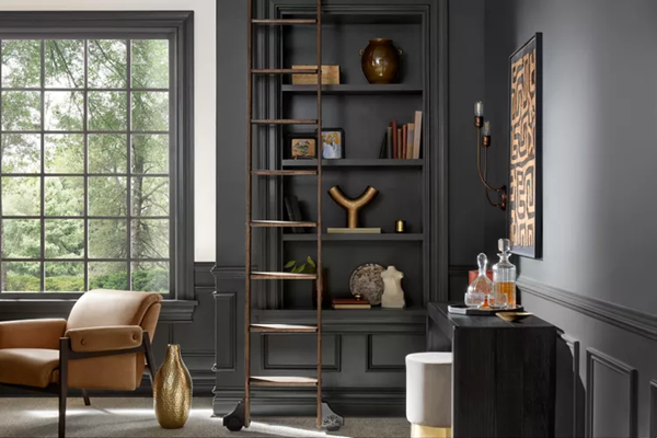 A-living-room-with-dark-paint-colors-and-built-ins