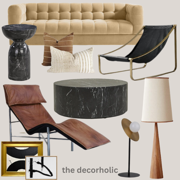 Modern-living-room-mood-board-with-lounge-chair-statement-furniture-pieces