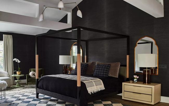 dark-feminine-bedroom-with-conapy-bed-as-a-statement-furniture-piece-and-gold-accents