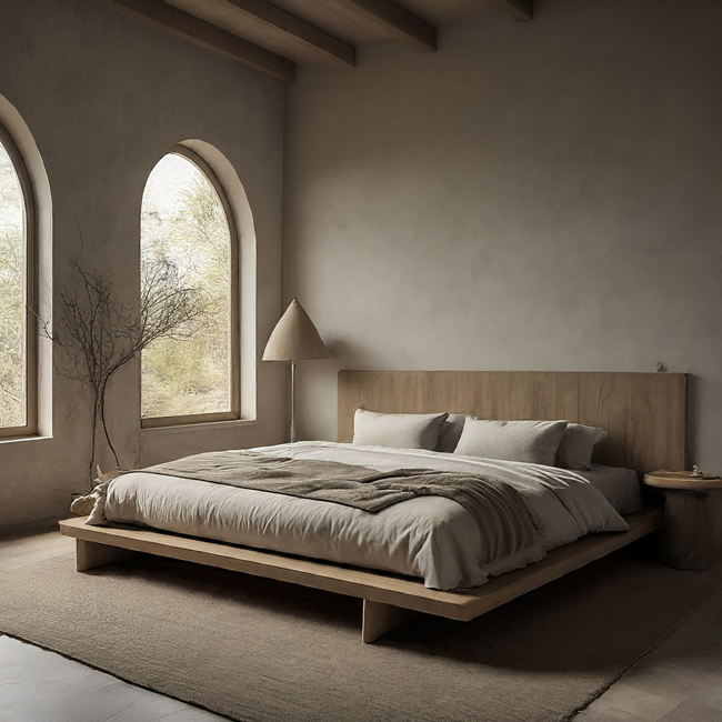 Neutral bedroom decor, with large windows and a platform bed