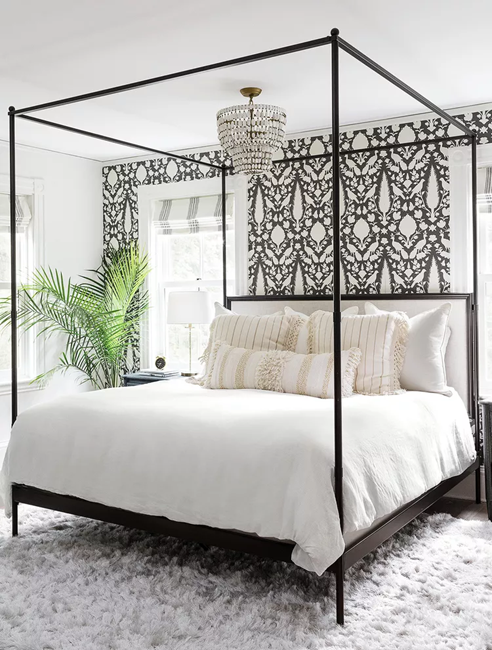 a-bedroom-with-bold-black-and-white-accent-wall-and-greenery